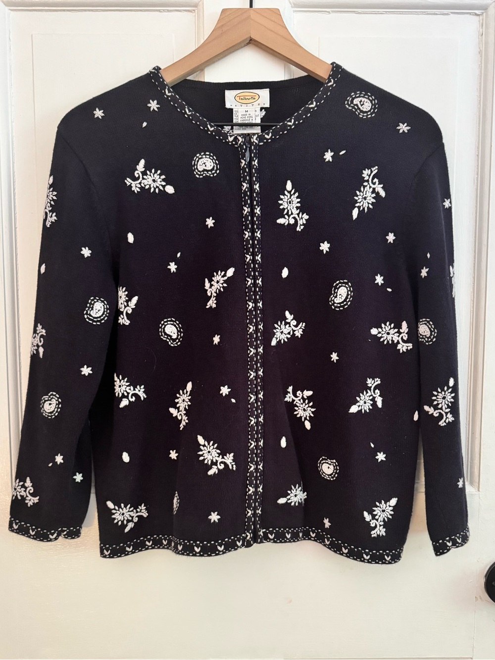 VTG Talbots Petite Embroidered Cotton Zip Front Cardigan Sweater Black White M